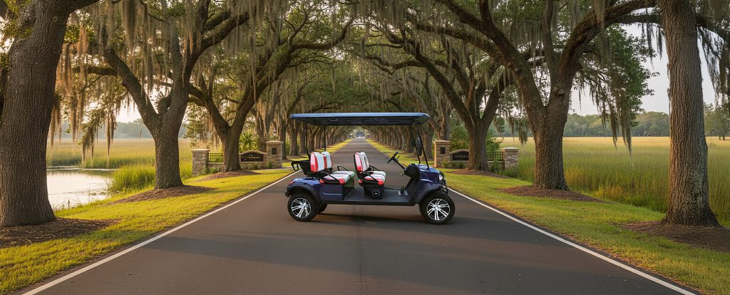 Navy blue bluffton golf cart on a road with trees in Sun City and Okatie